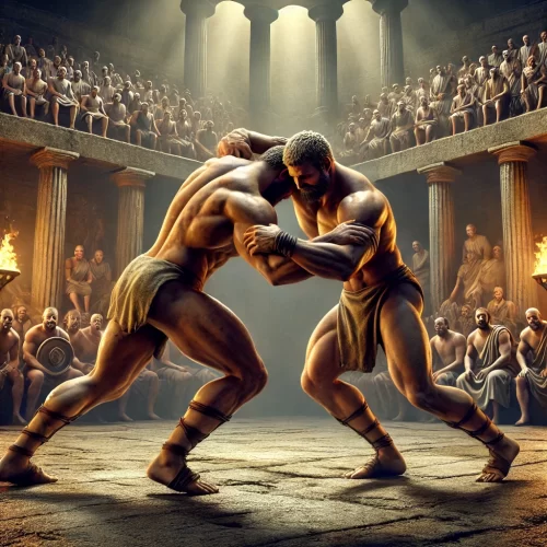DALL·E 2025-03-19 14.50.15 - An ancient wrestling scene depicting two muscular warriors engaged in a traditional wrestling match. The setting is a grand stone arena with an audien